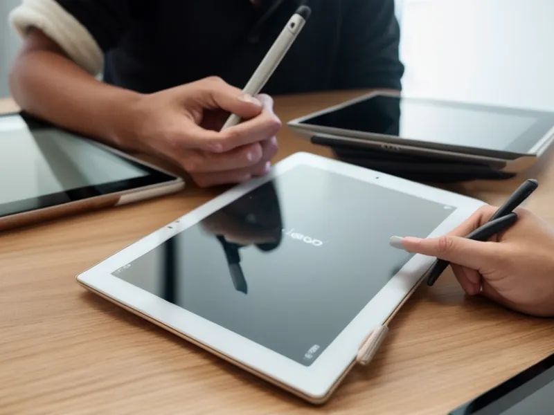 Digitale Signatur auf einem Tablet neben Kopfhörern auf einem Holztisch.