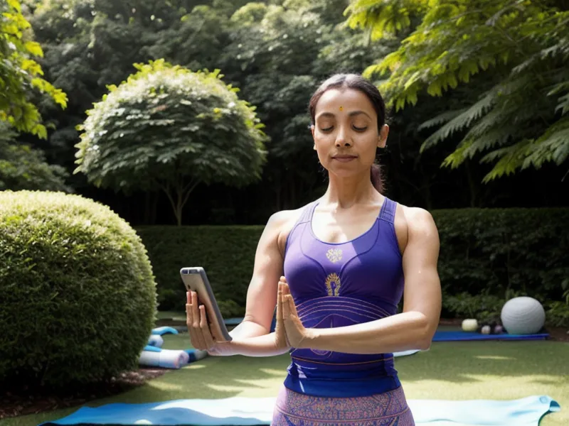 Yoga-Trainerin nutzt am Rheinauhafen in Köln ein Tablet zur Standortanzeige für Outdoor-Kurse