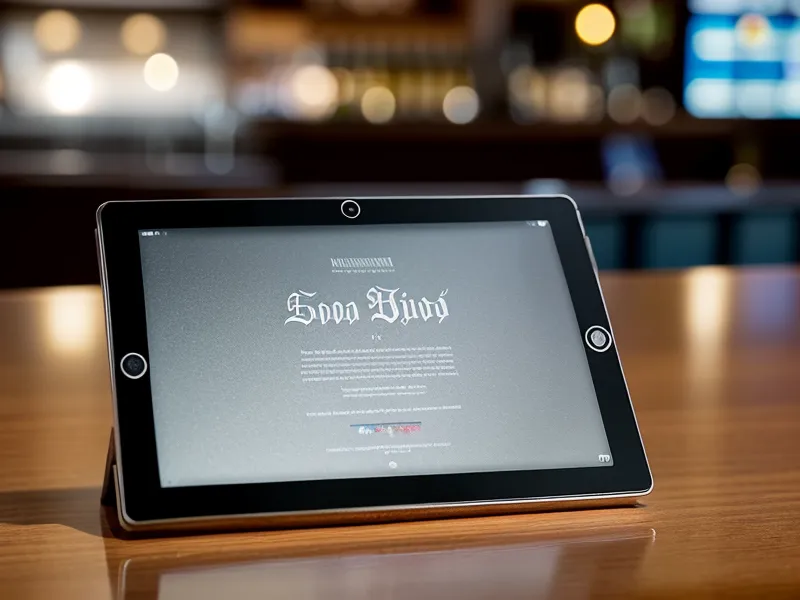 Ein Tablet zeigt die rechtlichen Angaben eines Impressums in einer Gastronomie-Umgebung.