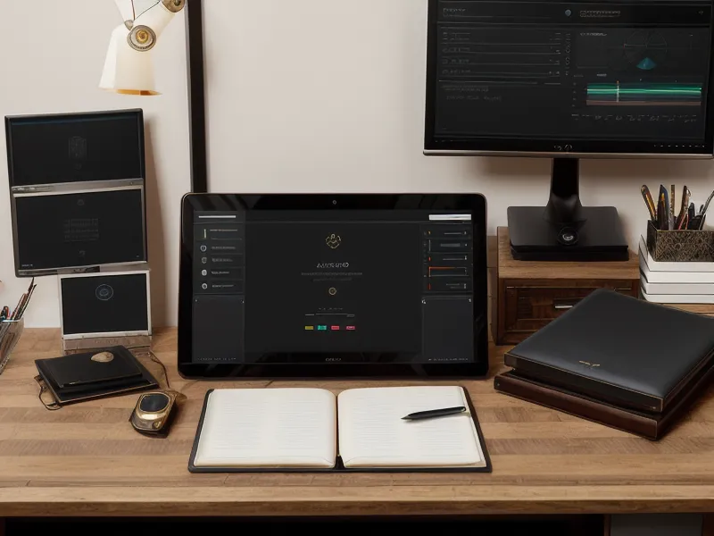 Tablet mit Dashboard für automatisierte Rechtstexte auf einem Schreibtisch.