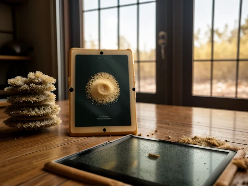 Staubiges Tablet in einer Werkstatt zeigt den DSGVO-Schritt-für-Schritt Generator.