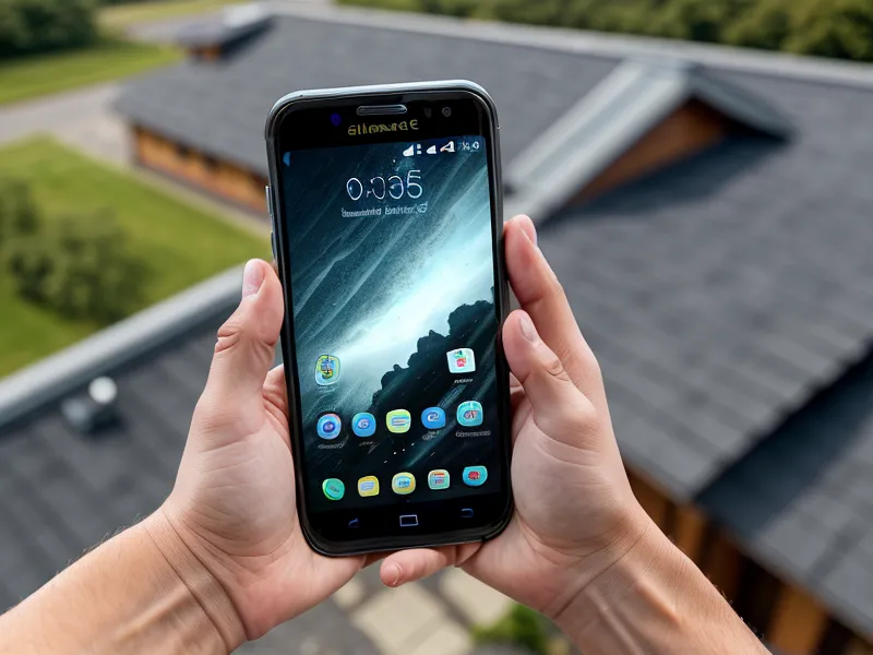 Smartphone mit rechtssicherem Impressum vor einem Hausdach.